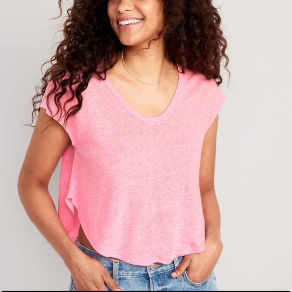 NWT OLD NAVY Linen-Blend Cropped Voop-Neck T-Shirt   : Pink Edge Neon
X LARGE - Picture 2 of 5